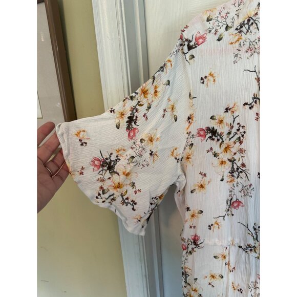 Justify Duster White Floral Short Sleeve Crinkle Rayon Lightweight Drawstring 3X - Picture 3 of 7